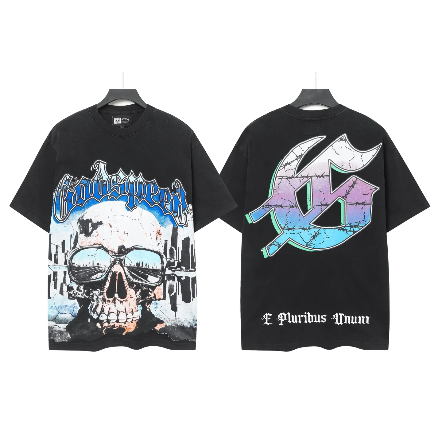 6061#washed black｜P116 Godspeed cross-border American rock and roll street washed retro style short-sleeved T (craft printing) fabric (fabric): 32 count combed double yarn 250g weight code number (size): S-M-L-XL color (colour): washed black