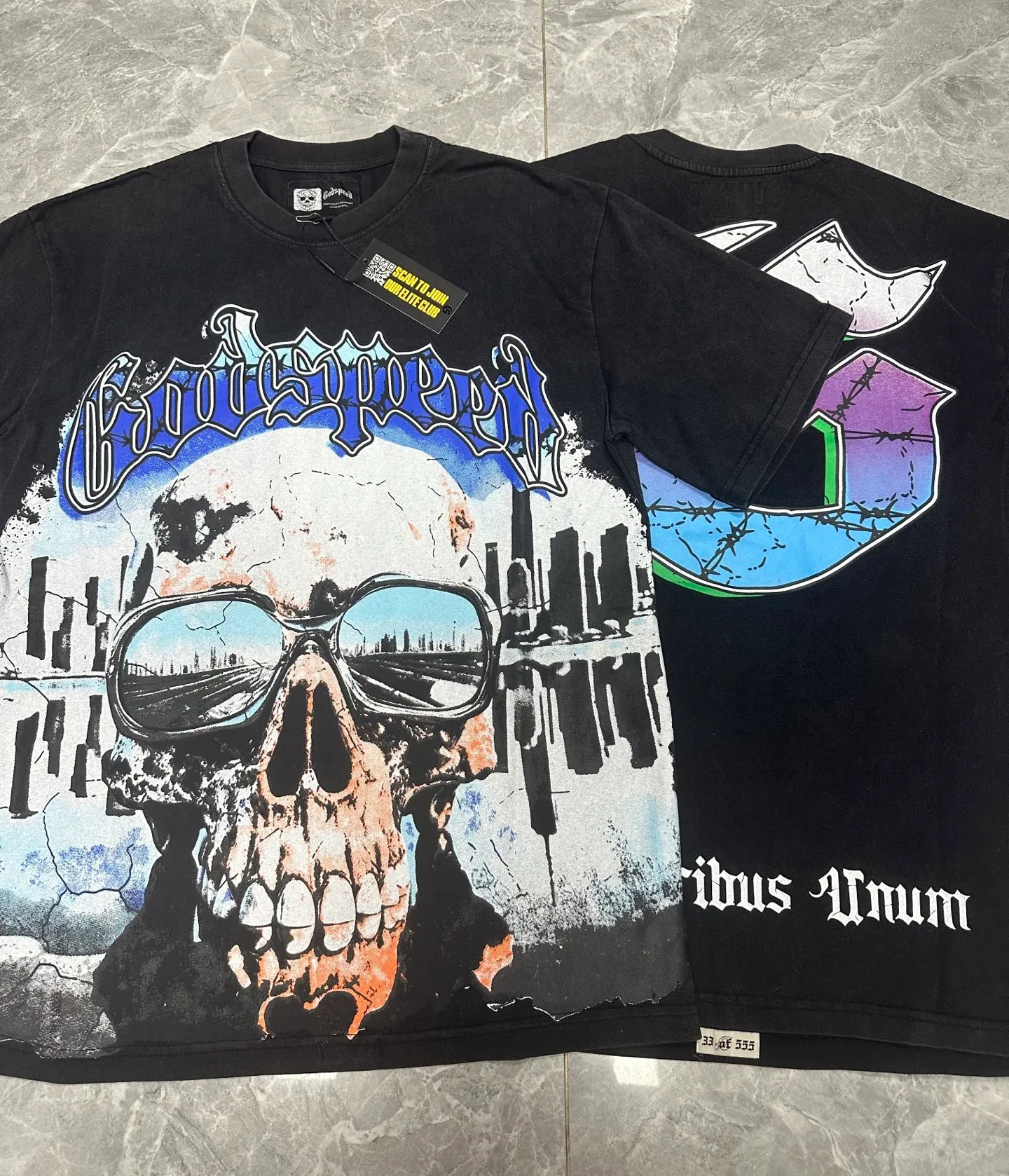 6061#washed black｜P116 Godspeed cross-border American rock and roll street washed retro style short-sleeved T (craft printing) fabric (fabric): 32 count combed double yarn 250g weight code number (size): S-M-L-XL color (colour): washed black