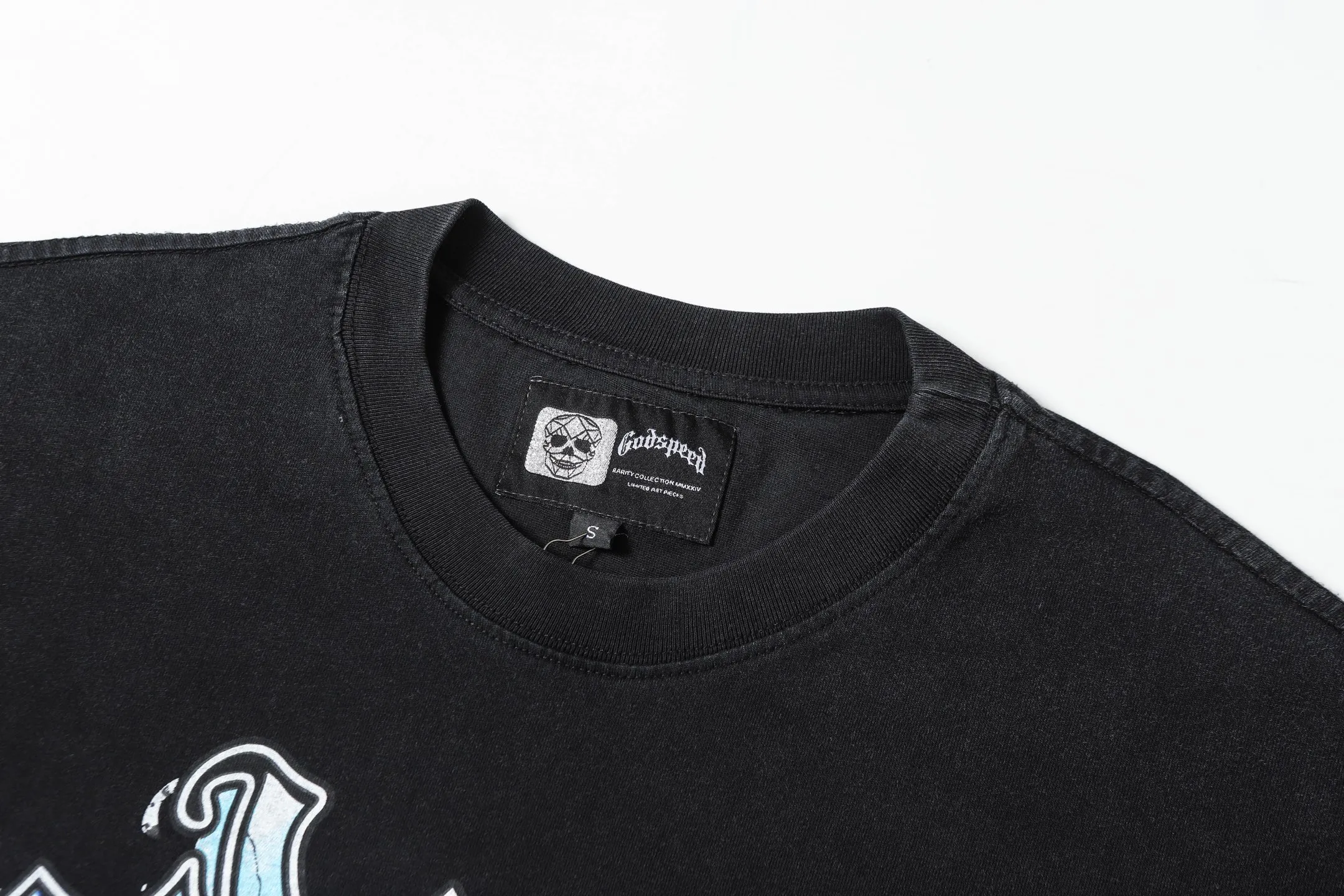 6061#washed black｜P116 Godspeed cross-border American rock and roll street washed retro style short-sleeved T (craft printing) fabric (fabric): 32 count combed double yarn 250g weight code number (size): S-M-L-XL color (colour): washed black