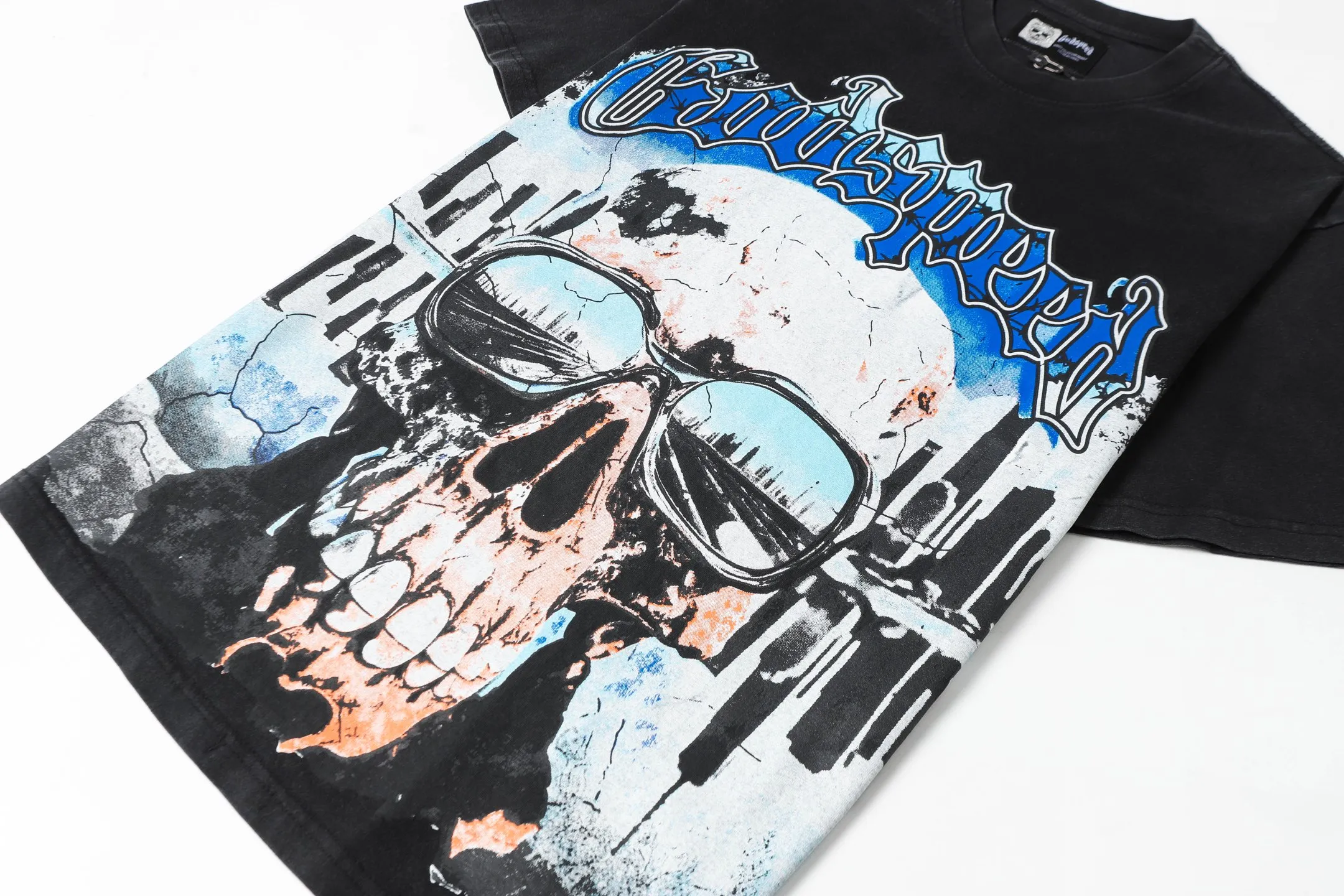 6061#washed black｜P116 Godspeed cross-border American rock and roll street washed retro style short-sleeved T (craft printing) fabric (fabric): 32 count combed double yarn 250g weight code number (size): S-M-L-XL color (colour): washed black