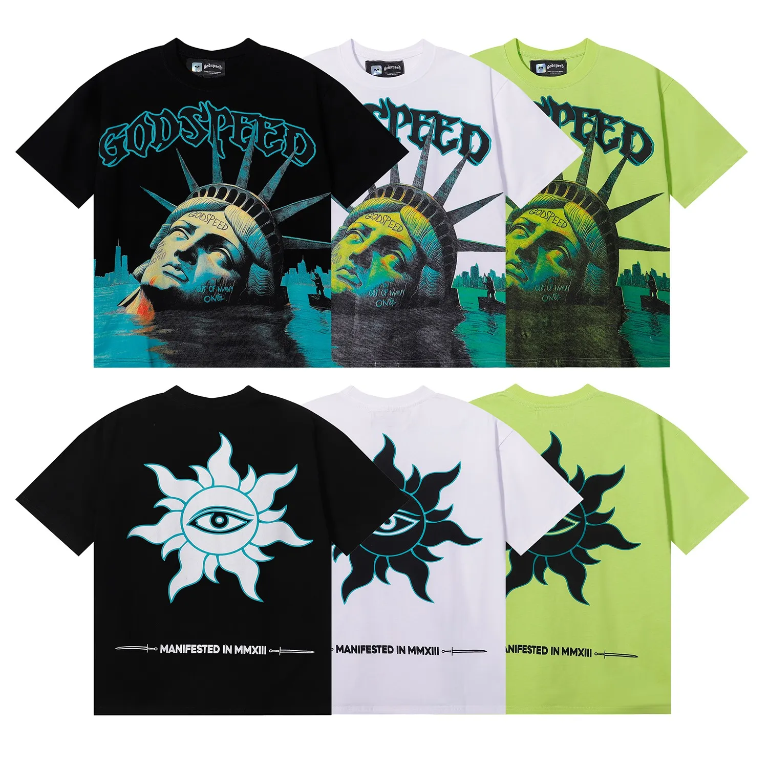 No. 7060, Mechao Godspeed Drowning Statue of Liberty Print High Weight Double Yarn Pure Cotton Round Neck Short Sleeve T Batch 110 Color: Black, White, Green; Size: S M L XL