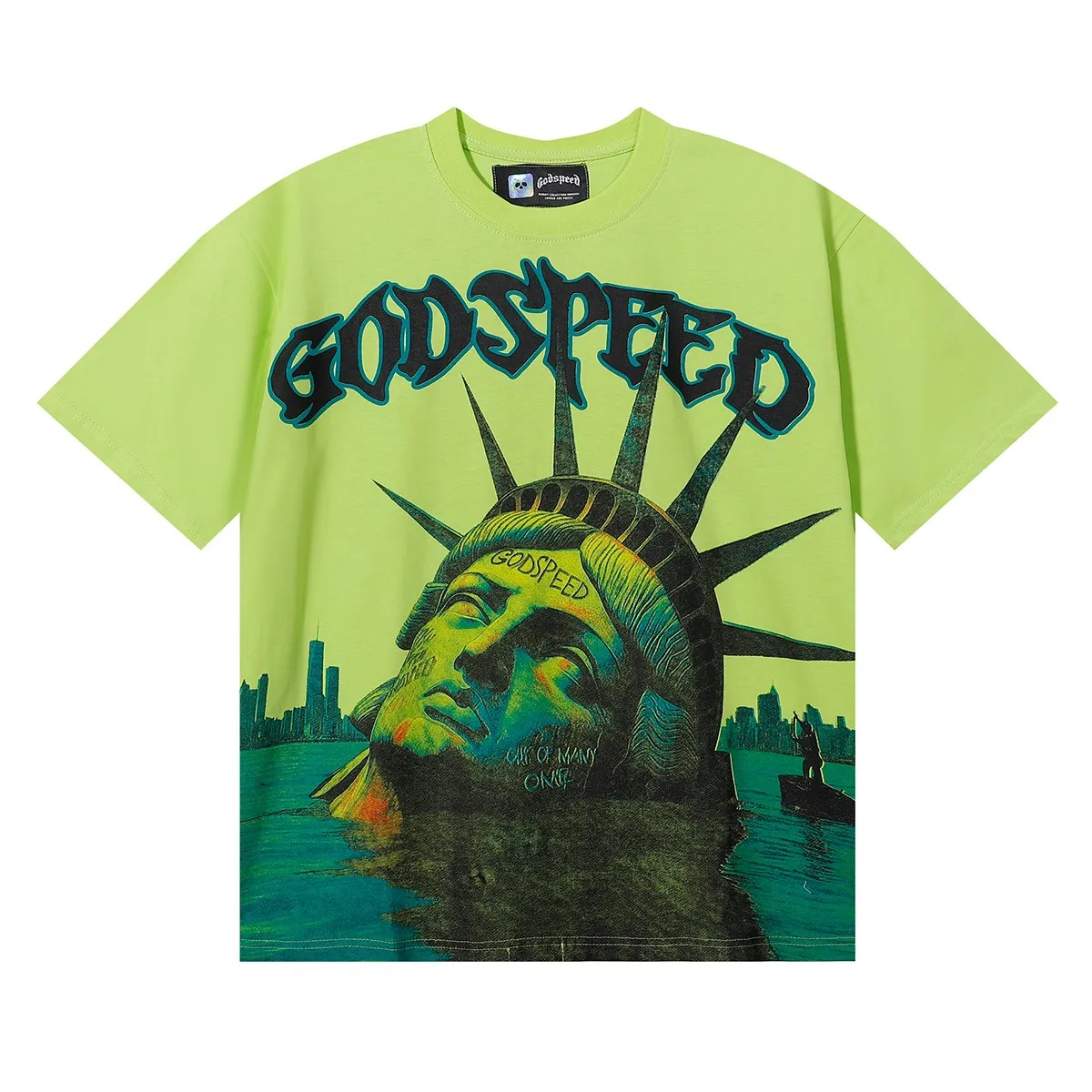 No. 7060, Mechao Godspeed Drowning Statue of Liberty Print High Weight Double Yarn Pure Cotton Round Neck Short Sleeve T Batch 110 Color: Black, White, Green; Size: S M L XL
