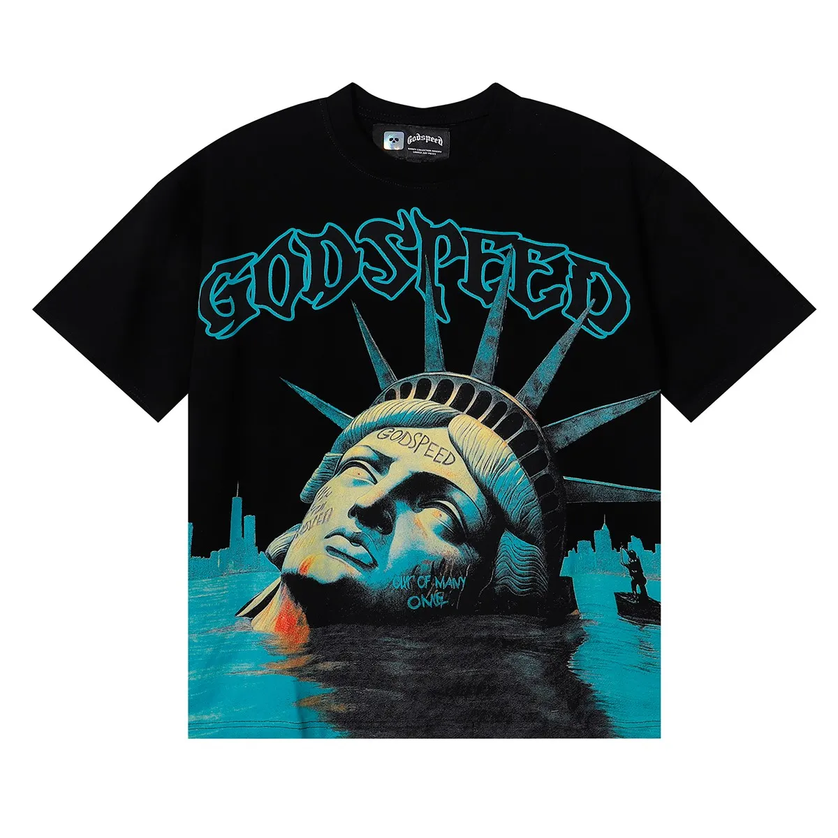 No. 7060, Mechao Godspeed Drowning Statue of Liberty Print High Weight Double Yarn Pure Cotton Round Neck Short Sleeve T Batch 110 Color: Black, White, Green; Size: S M L XL