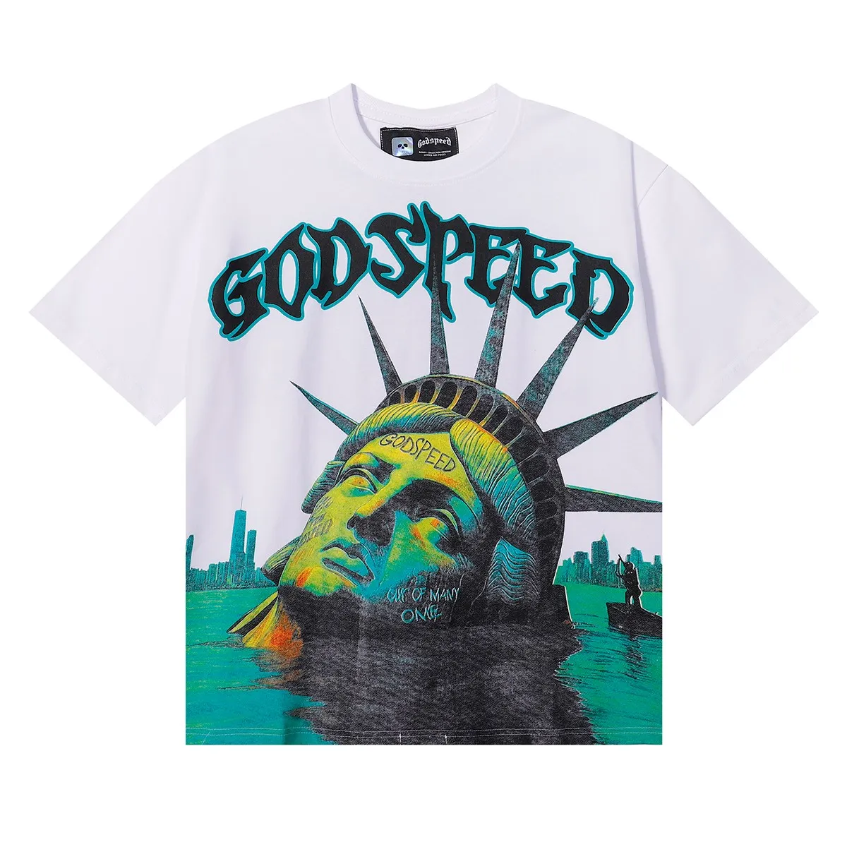 No. 7060, Mechao Godspeed Drowning Statue of Liberty Print High Weight Double Yarn Pure Cotton Round Neck Short Sleeve T Batch 110 Color: Black, White, Green; Size: S M L XL