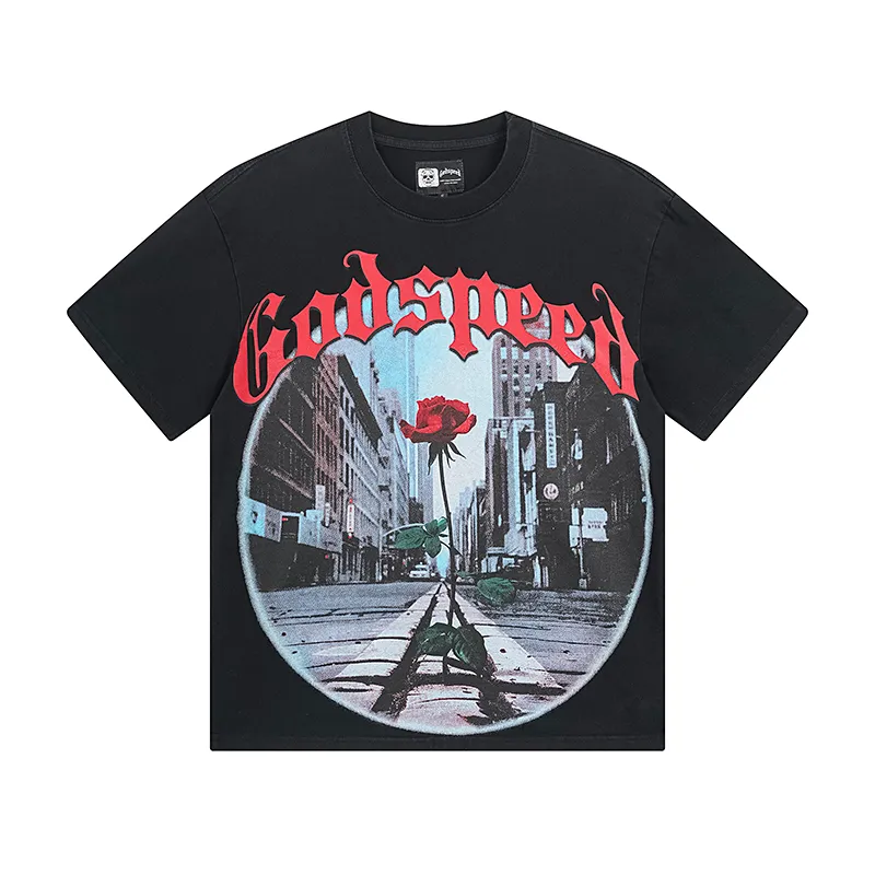 1051# P126 Washed Black Real Shot Godspeed American Fashion Rock Street Retro Washed Distressed Printed Pure Cotton Short Sleeves Fabric: 250g 32 Count Fine Cotton Double Yarn Pure Cotton Color: Washed Black Size: S M L XL