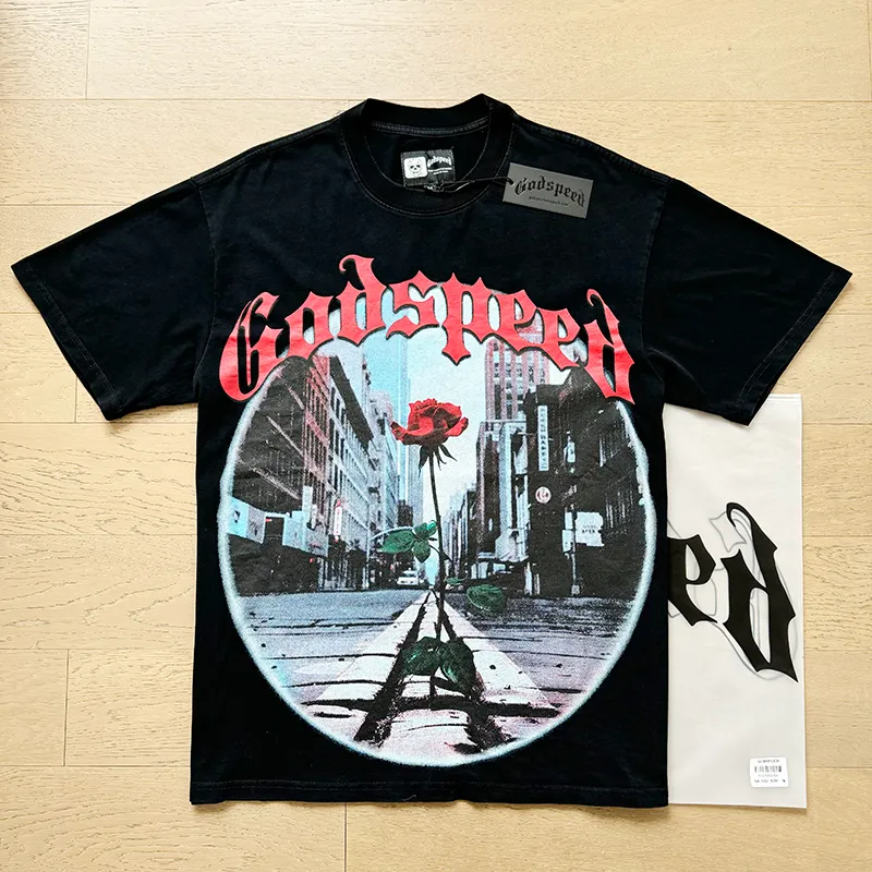 1051# P126 Washed Black Real Shot Godspeed American Fashion Rock Street Retro Washed Distressed Printed Pure Cotton Short Sleeves Fabric: 250g 32 Count Fine Cotton Double Yarn Pure Cotton Color: Washed Black Size: S M L XL