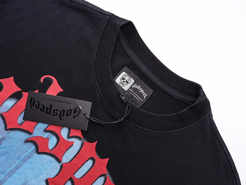 1051# P126 Washed Black Real Shot Godspeed American Fashion Rock Street Retro Washed Distressed Printed Pure Cotton Short Sleeves Fabric: 250g 32 Count Fine Cotton Double Yarn Pure Cotton Color: Washed Black Size: S M L XL
