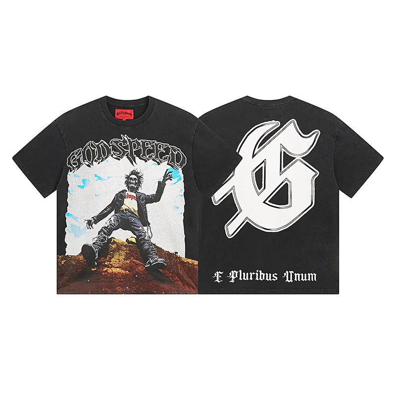 1062# P126 Washed Black Real Shot Godspeed American Fashion Rock Street Retro Washed Distressed Printed Pure Cotton Short Sleeves Fabric: 250g 32 Count Fine Cotton Double Yarn Pure Cotton Color: Washed Black Size: S M L XL