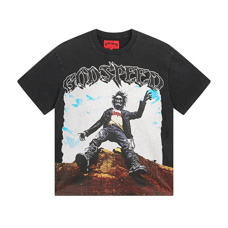 1062# P126 Washed Black Real Shot Godspeed American Fashion Rock Street Retro Washed Distressed Printed Pure Cotton Short Sleeves Fabric: 250g 32 Count Fine Cotton Double Yarn Pure Cotton Color: Washed Black Size: S M L XL