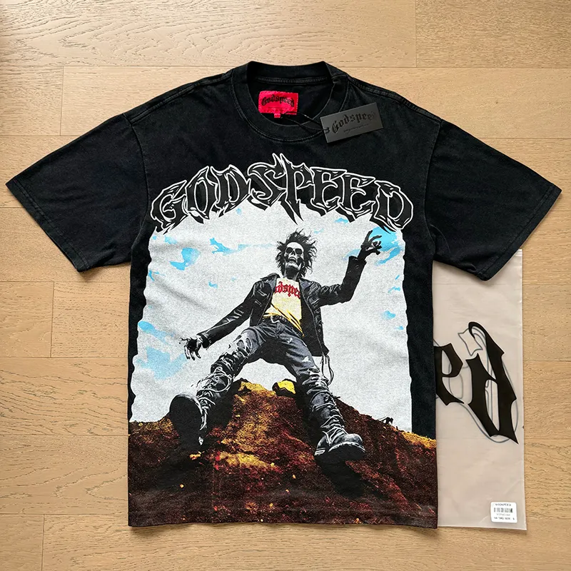 1062# P126 Washed Black Real Shot Godspeed American Fashion Rock Street Retro Washed Distressed Printed Pure Cotton Short Sleeves Fabric: 250g 32 Count Fine Cotton Double Yarn Pure Cotton Color: Washed Black Size: S M L XL