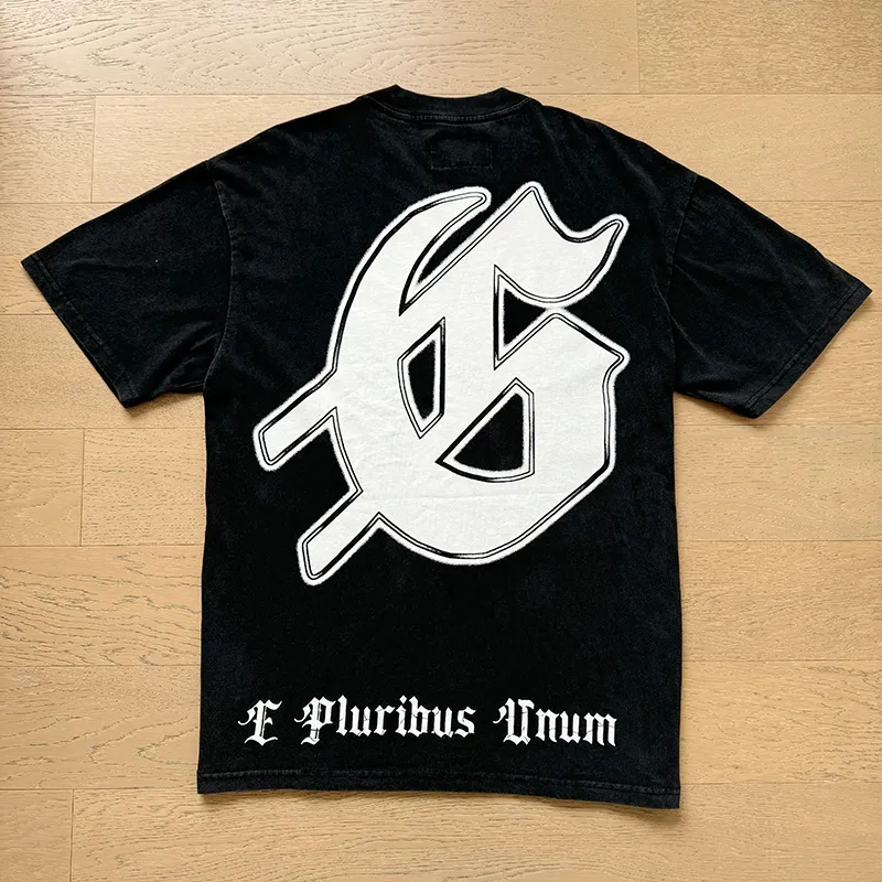 1062# P126 Washed Black Real Shot Godspeed American Fashion Rock Street Retro Washed Distressed Printed Pure Cotton Short Sleeves Fabric: 250g 32 Count Fine Cotton Double Yarn Pure Cotton Color: Washed Black Size: S M L XL