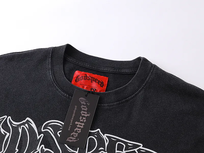 1062# P126 Washed Black Real Shot Godspeed American Fashion Rock Street Retro Washed Distressed Printed Pure Cotton Short Sleeves Fabric: 250g 32 Count Fine Cotton Double Yarn Pure Cotton Color: Washed Black Size: S M L XL