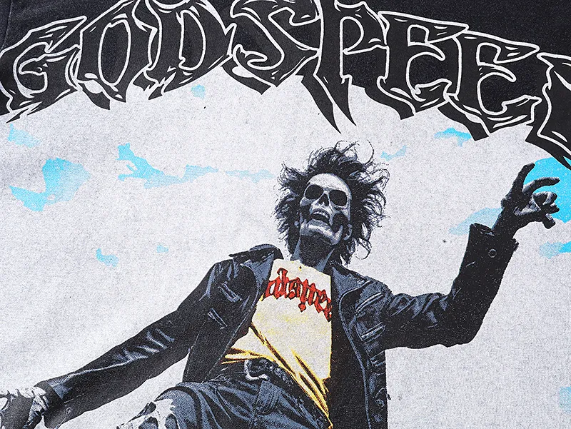 1062# P126 Washed Black Real Shot Godspeed American Fashion Rock Street Retro Washed Distressed Printed Pure Cotton Short Sleeves Fabric: 250g 32 Count Fine Cotton Double Yarn Pure Cotton Color: Washed Black Size: S M L XL