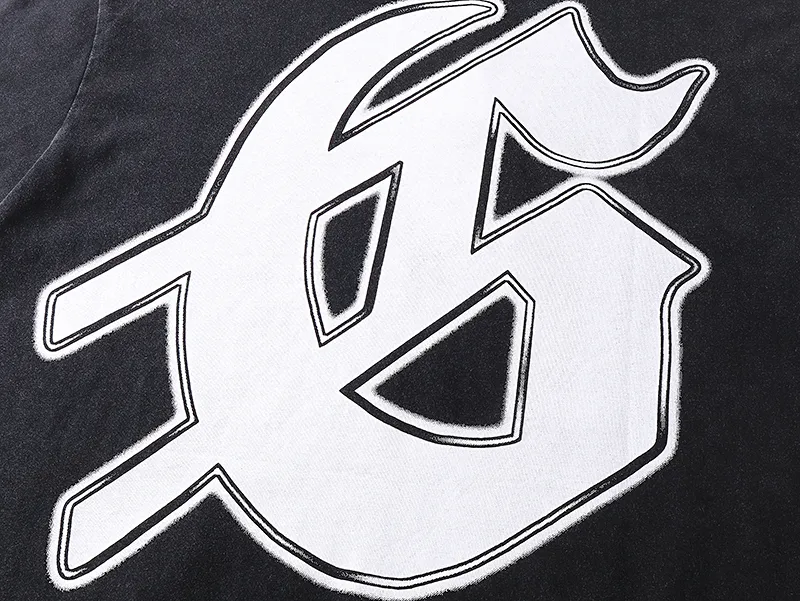 1062# P126 Washed Black Real Shot Godspeed American Fashion Rock Street Retro Washed Distressed Printed Pure Cotton Short Sleeves Fabric: 250g 32 Count Fine Cotton Double Yarn Pure Cotton Color: Washed Black Size: S M L XL