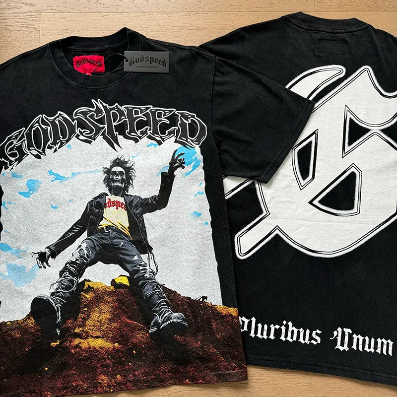 1062# P126 Washed Black Real Shot Godspeed American Fashion Rock Street Retro Washed Distressed Printed Pure Cotton Short Sleeves Fabric: 250g 32 Count Fine Cotton Double Yarn Pure Cotton Color: Washed Black Size: S M L XL