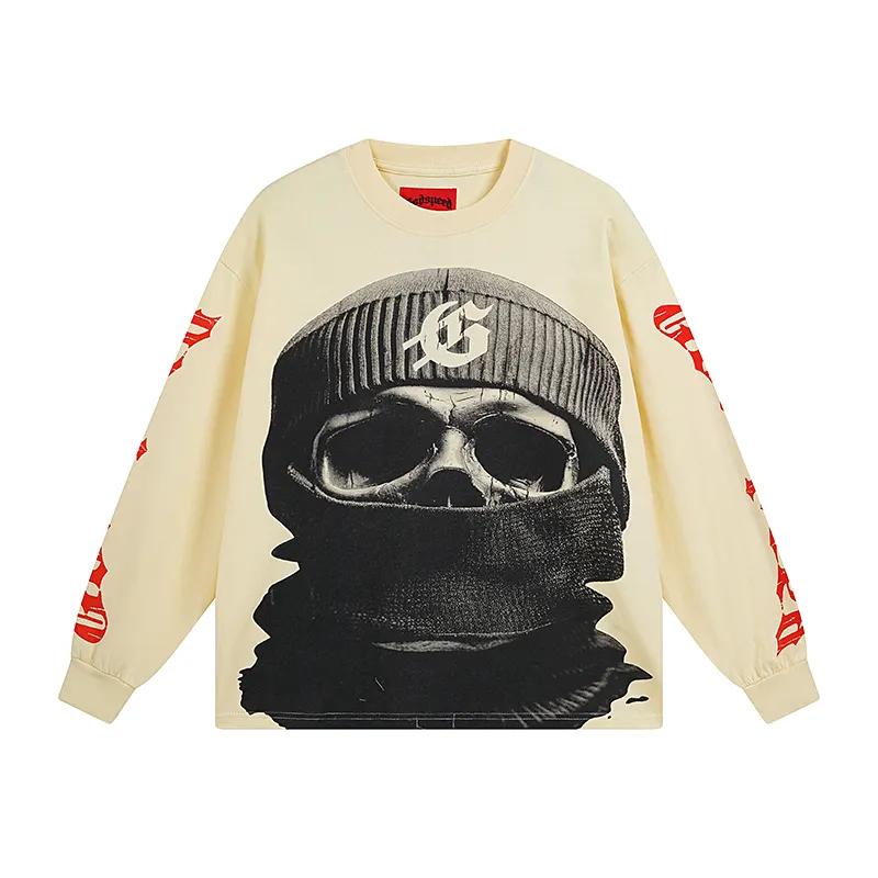 3097# P140 Real shot of Godspeed American fashion rock street pure cotton loose bottoming long-sleeved T-shirt long T. Fabric: 270g 32 count fine cotton double yarn pure cotton Color: Apricot Code number: S M L XL