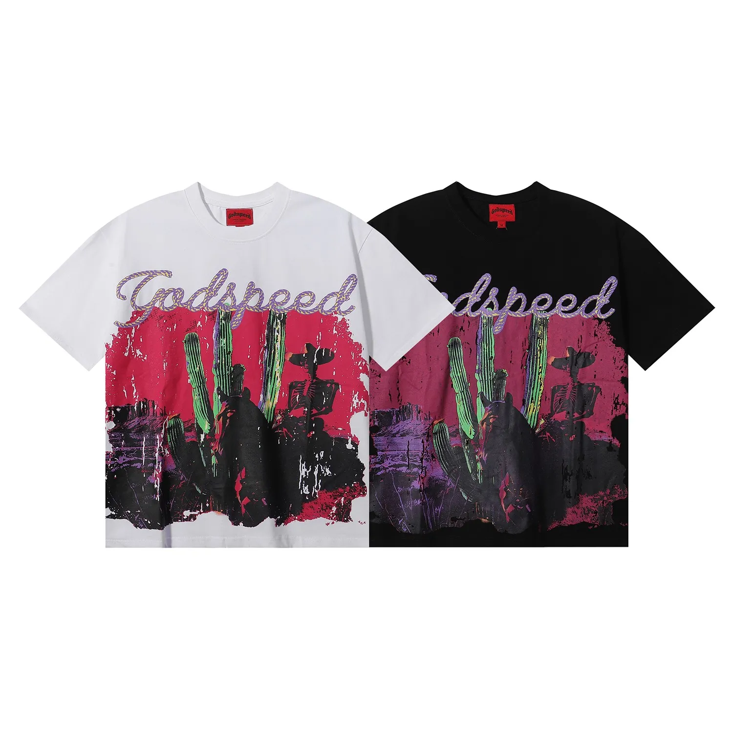 No. 7016, Mechao Godspeed western skull denim cactus print high quality double yarn pure cotton casual short-sleeved T-shirt batch 110 Color: black, white; Size: S M L XL