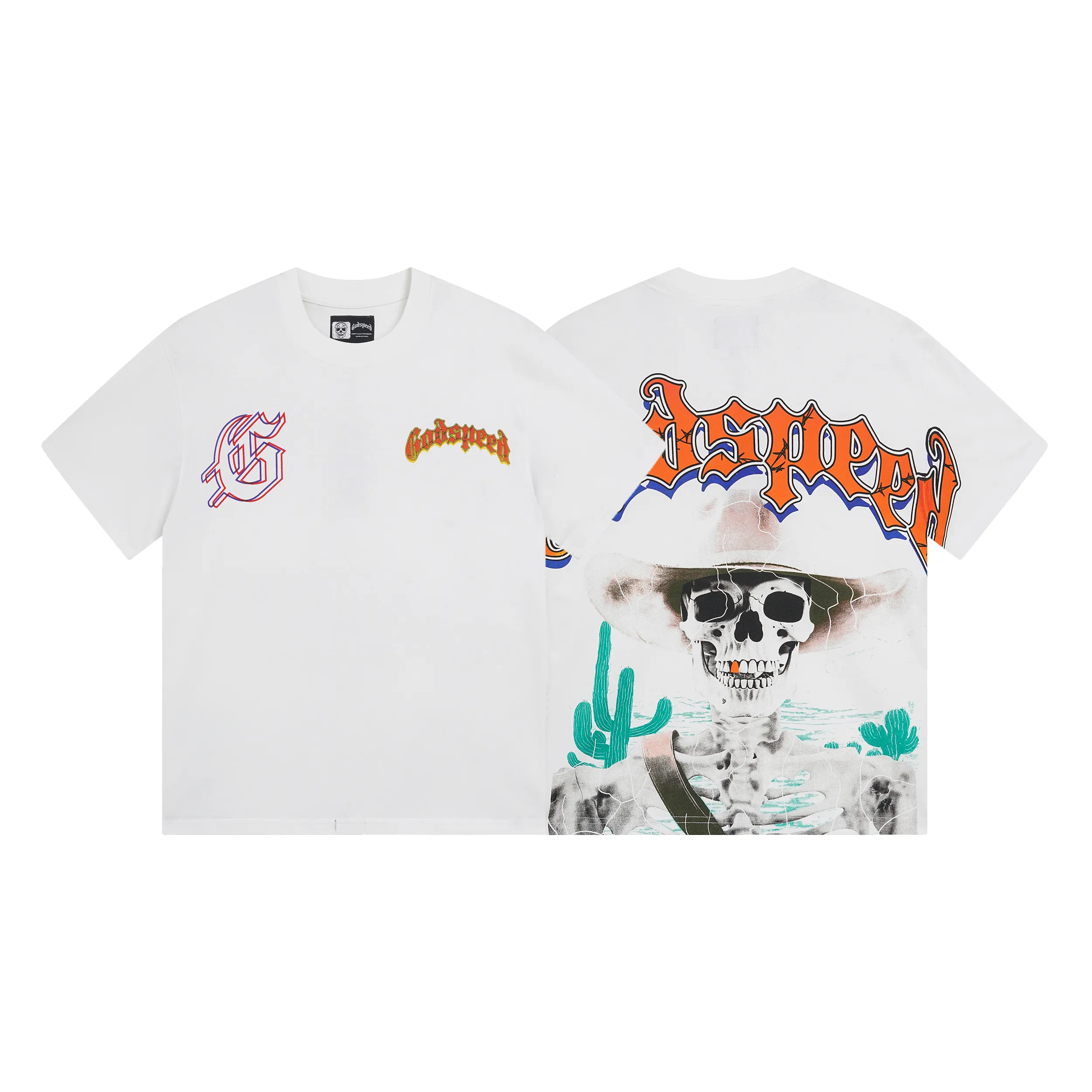3018# P110 Real shot Godspeed American fashion rock street retro loose printed cotton short sleeves Fabric: 240g 32 count fine cotton double yarn pure cotton Color: off-white Size: S M L XL