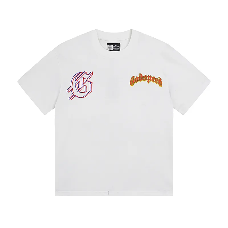 3018# P110 Real shot Godspeed American fashion rock street retro loose printed cotton short sleeves Fabric: 240g 32 count fine cotton double yarn pure cotton Color: off-white Size: S M L XL