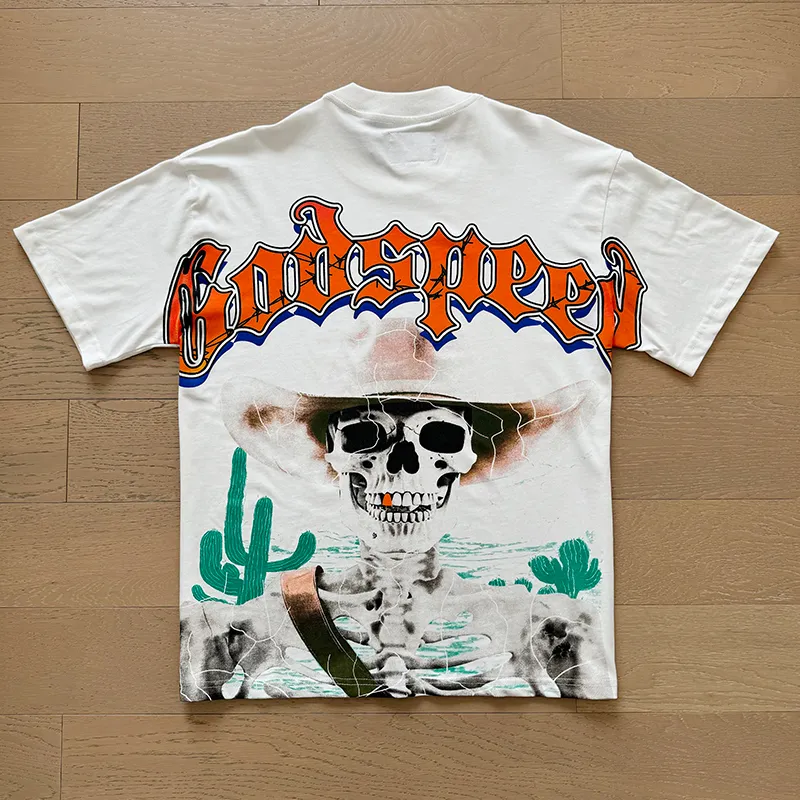 3018# P110 Real shot Godspeed American fashion rock street retro loose printed cotton short sleeves Fabric: 240g 32 count fine cotton double yarn pure cotton Color: off-white Size: S M L XL