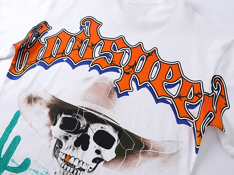 3018# P110 Real shot Godspeed American fashion rock street retro loose printed cotton short sleeves Fabric: 240g 32 count fine cotton double yarn pure cotton Color: off-white Size: S M L XL