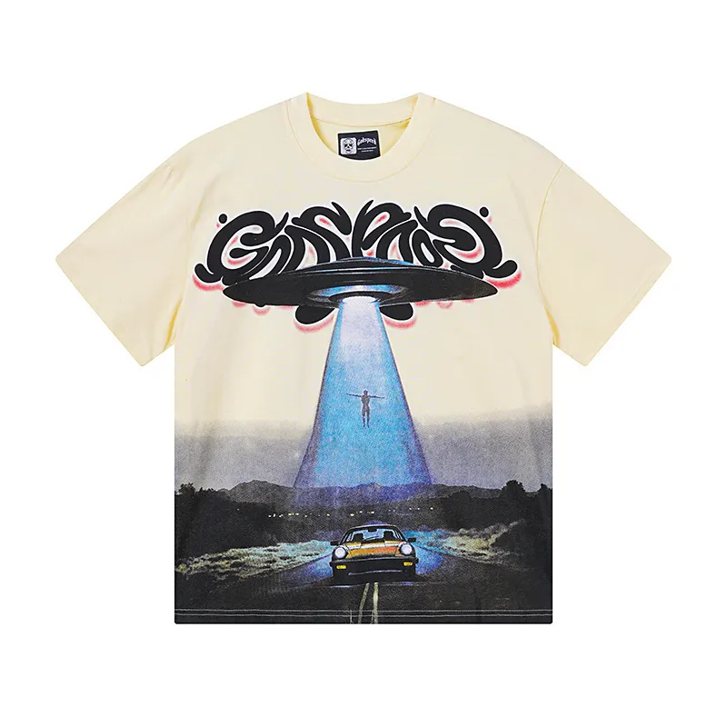 3172# P106 Real shot Godspeed American fashion rock street retro loose printed cotton short sleeves Fabric: 240g 32 count fine cotton double yarn pure cotton Color: apricot Size: S M L XL