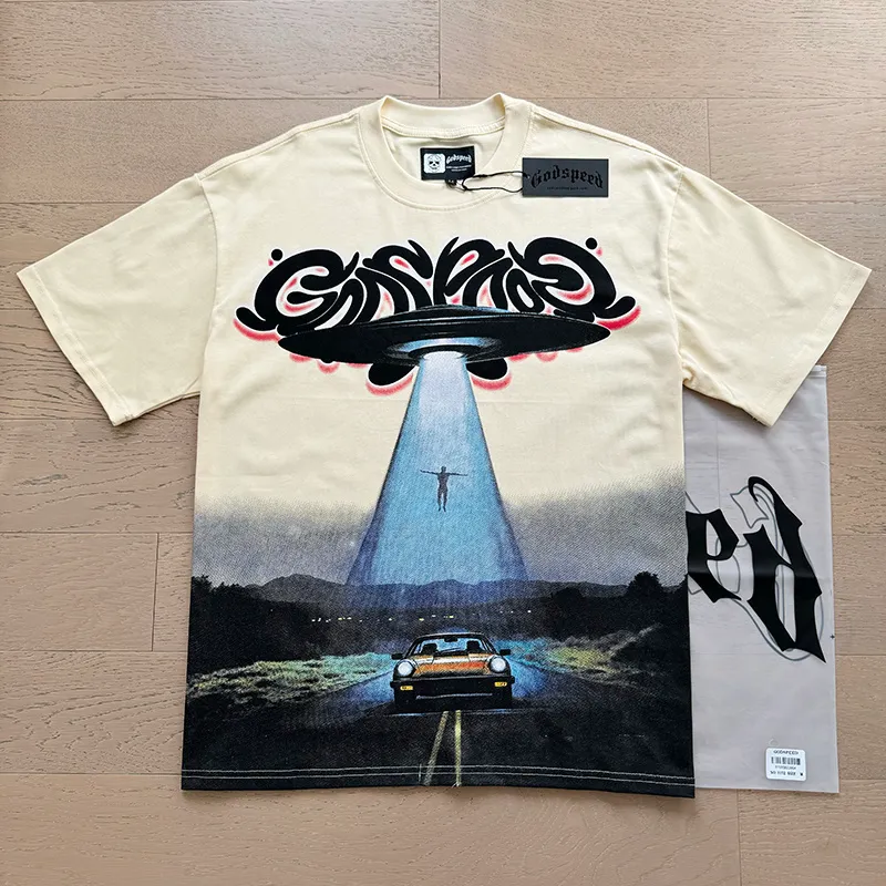 3172# P106 Real shot Godspeed American fashion rock street retro loose printed cotton short sleeves Fabric: 240g 32 count fine cotton double yarn pure cotton Color: apricot Size: S M L XL