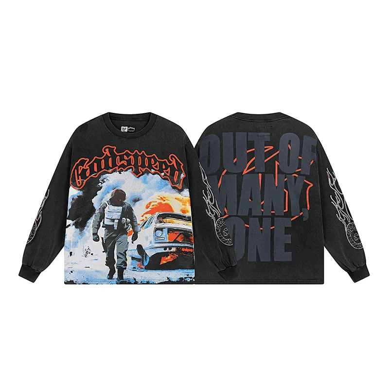 1098# P160 Washed Black Real Shot Godspeed American Fashion Rock Street Retro Washed Distressed Printed Pure Cotton Short Sleeves Fabric: 270g 32 Count Fine Cotton Double Yarn Pure Cotton Color: Washed Black Size: S M L XL