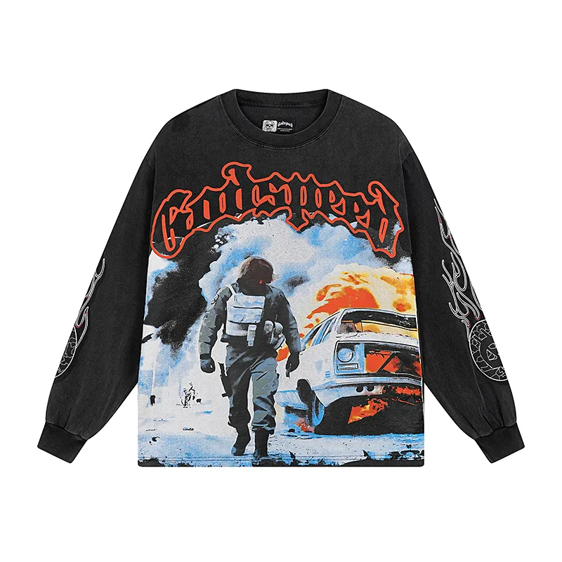 1098# P160 Washed Black Real Shot Godspeed American Fashion Rock Street Retro Washed Distressed Printed Pure Cotton Short Sleeves Fabric: 270g 32 Count Fine Cotton Double Yarn Pure Cotton Color: Washed Black Size: S M L XL