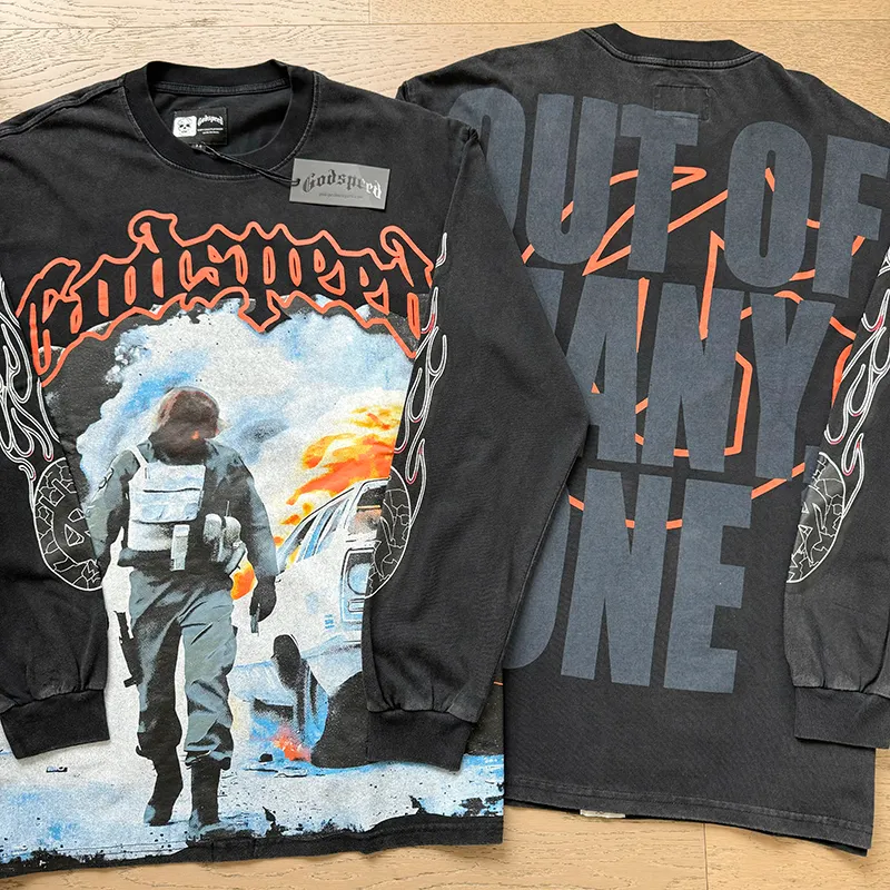 1098# P160 Washed Black Real Shot Godspeed American Fashion Rock Street Retro Washed Distressed Printed Pure Cotton Short Sleeves Fabric: 270g 32 Count Fine Cotton Double Yarn Pure Cotton Color: Washed Black Size: S M L XL