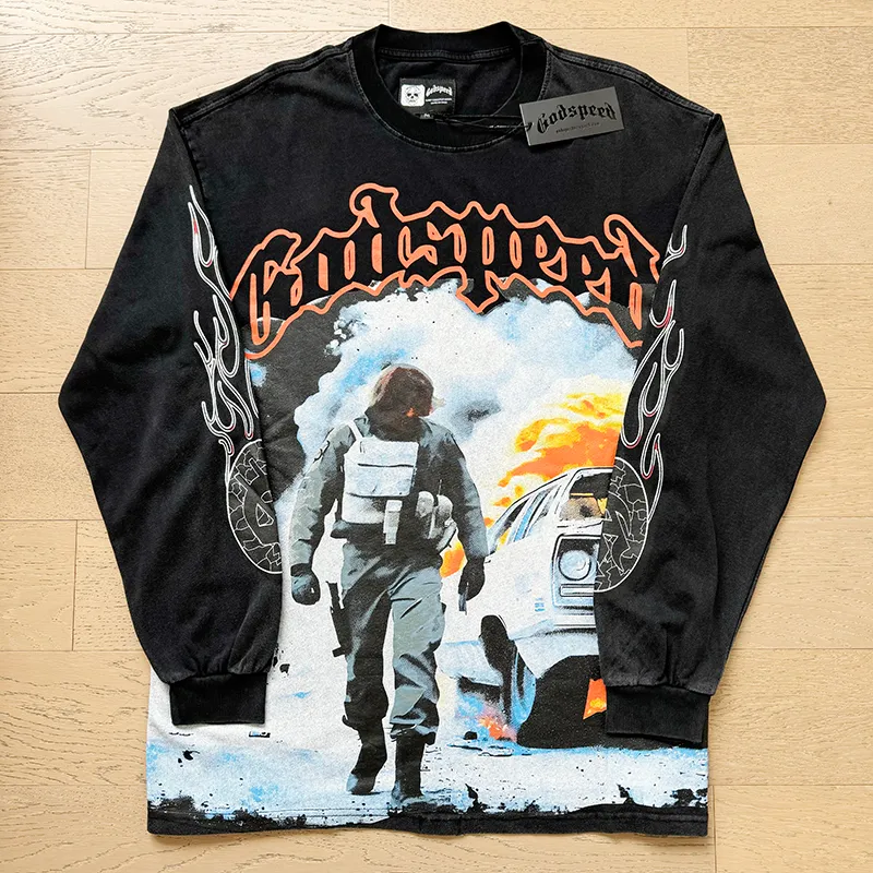 1098# P160 Washed Black Real Shot Godspeed American Fashion Rock Street Retro Washed Distressed Printed Pure Cotton Short Sleeves Fabric: 270g 32 Count Fine Cotton Double Yarn Pure Cotton Color: Washed Black Size: S M L XL