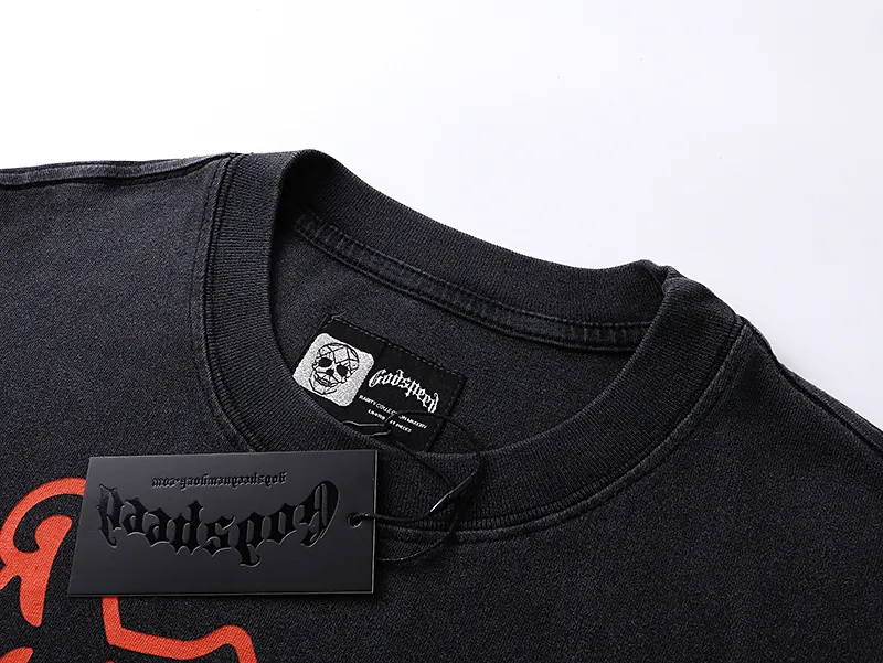 1098# P160 Washed Black Real Shot Godspeed American Fashion Rock Street Retro Washed Distressed Printed Pure Cotton Short Sleeves Fabric: 270g 32 Count Fine Cotton Double Yarn Pure Cotton Color: Washed Black Size: S M L XL
