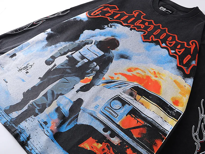 1098# P160 Washed Black Real Shot Godspeed American Fashion Rock Street Retro Washed Distressed Printed Pure Cotton Short Sleeves Fabric: 270g 32 Count Fine Cotton Double Yarn Pure Cotton Color: Washed Black Size: S M L XL