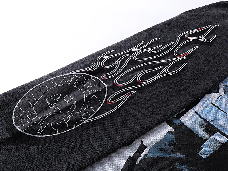 1098# P160 Washed Black Real Shot Godspeed American Fashion Rock Street Retro Washed Distressed Printed Pure Cotton Short Sleeves Fabric: 270g 32 Count Fine Cotton Double Yarn Pure Cotton Color: Washed Black Size: S M L XL