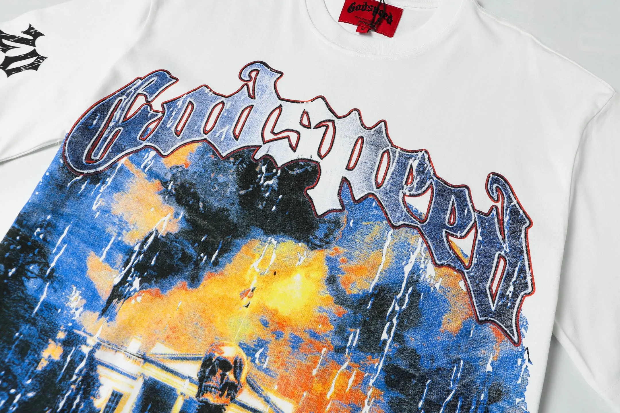 5051# White/Apricot | P104 Godspeed cross-border American rock and roll street washed retro style short-sleeved T (craft print) Fabric (fabric): 32-count combed double yarn 240 grams weight Size (size): S-M-L-XL Color (colour): white, apricot,