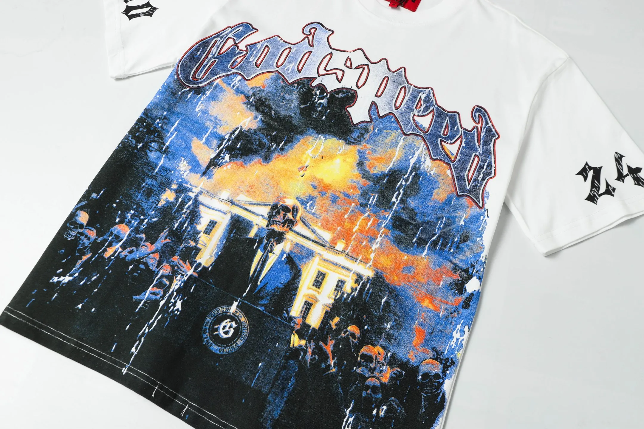 5051# White/Apricot | P104 Godspeed cross-border American rock and roll street washed retro style short-sleeved T (craft print) Fabric (fabric): 32-count combed double yarn 240 grams weight Size (size): S-M-L-XL Color (colour): white, apricot,