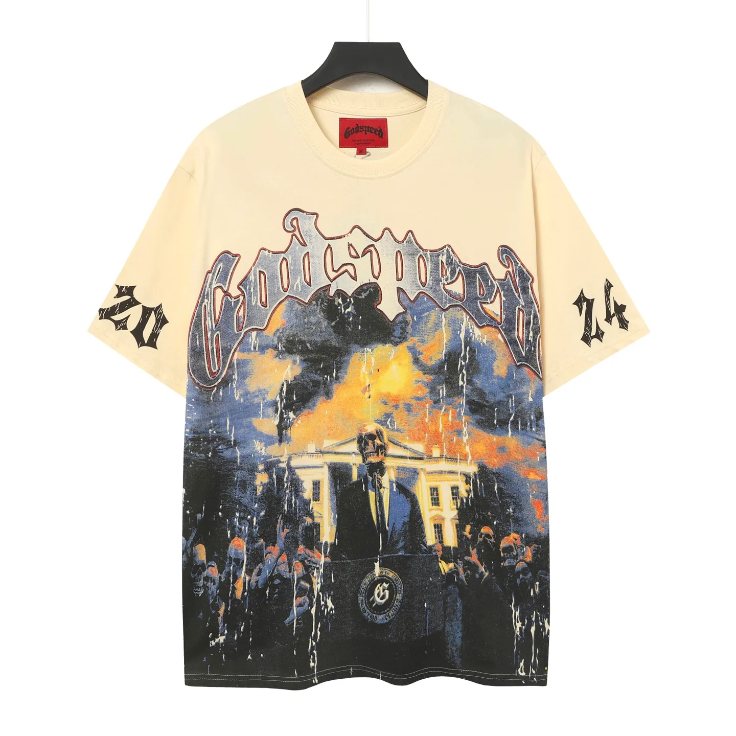 5051# White/Apricot | P104 Godspeed cross-border American rock and roll street washed retro style short-sleeved T (craft print) Fabric (fabric): 32-count combed double yarn 240 grams weight Size (size): S-M-L-XL Color (colour): white, apricot,