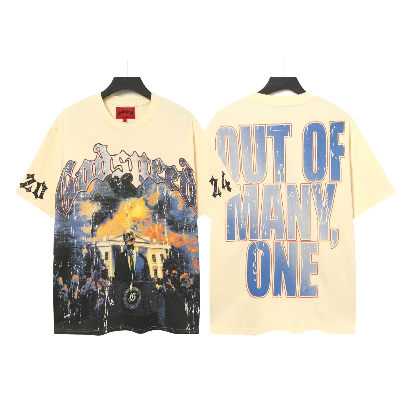 5051# White/Apricot | P104 Godspeed cross-border American rock and roll street washed retro style short-sleeved T (craft print) Fabric (fabric): 32-count combed double yarn 240 grams weight Size (size): S-M-L-XL Color (colour): white, apricot,