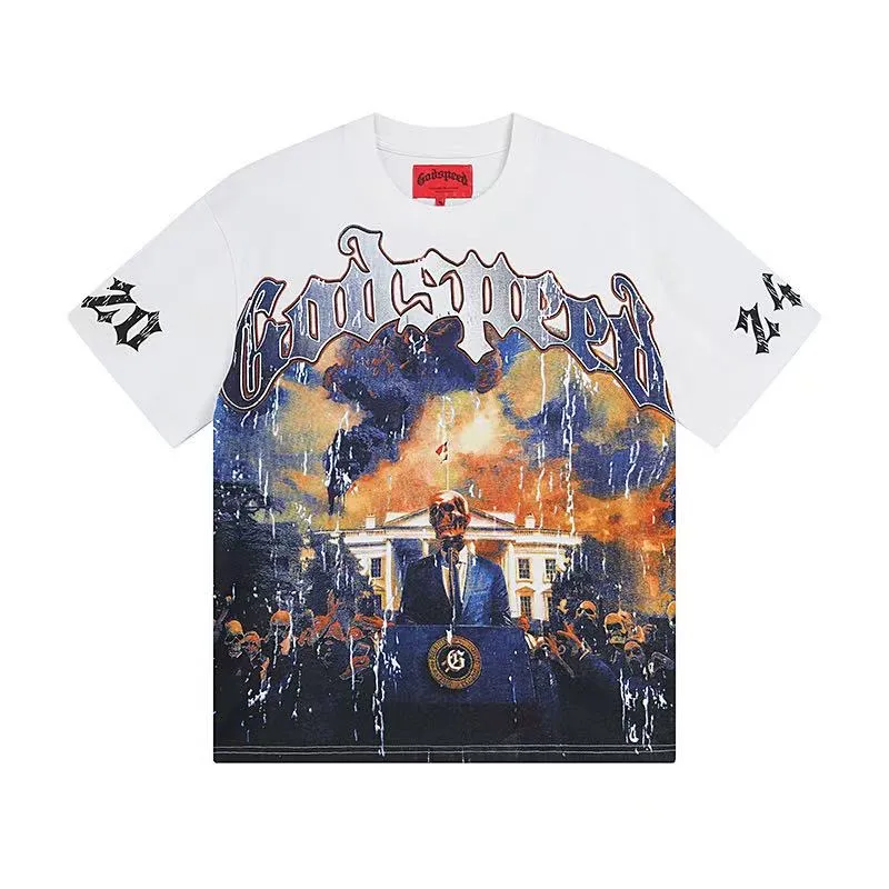 5051# White/Apricot | P104 Godspeed cross-border American rock and roll street washed retro style short-sleeved T (craft print) Fabric (fabric): 32-count combed double yarn 240 grams weight Size (size): S-M-L-XL Color (colour): white, apricot,