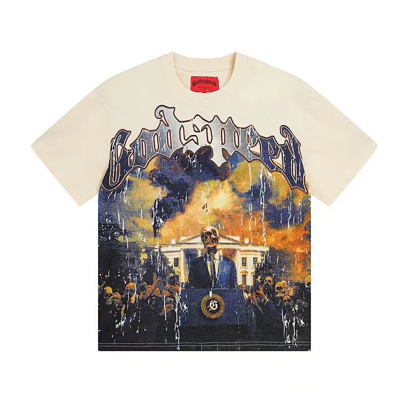 5051# White/Apricot | P104 Godspeed cross-border American rock and roll street washed retro style short-sleeved T (craft print) Fabric (fabric): 32-count combed double yarn 240 grams weight Size (size): S-M-L-XL Color (colour): white, apricot,