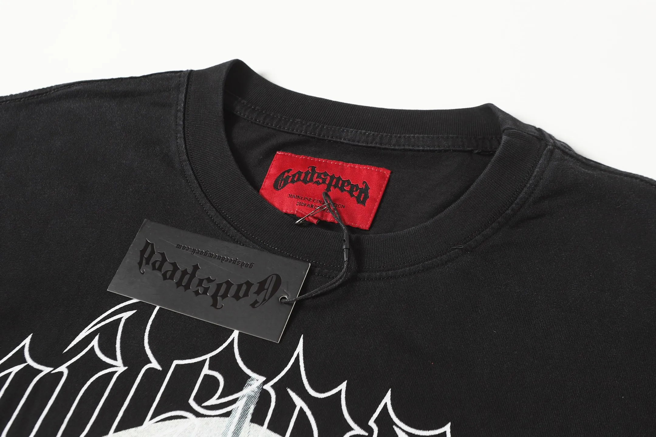 6087#washed black I P116 Godspeed cross-border American rock and roll street washed retro style short-sleeved T (craft printing) fabric (fabric): 32 count combed double yarn 250 grams weight code number (size): S-M-L-XL color (colour): washed black 👉 👉