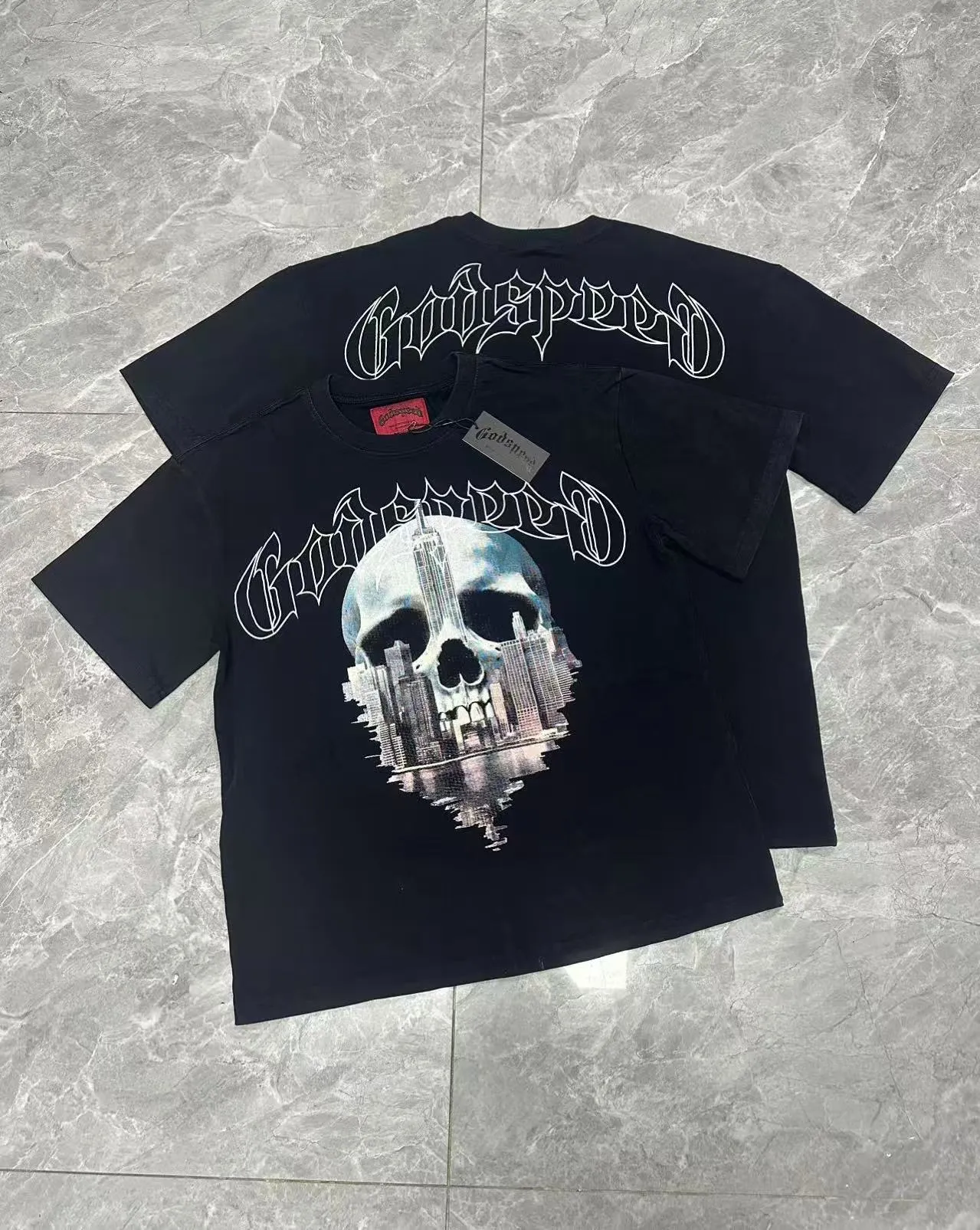 6087#washed black I P116 Godspeed cross-border American rock and roll street washed retro style short-sleeved T (craft printing) fabric (fabric): 32 count combed double yarn 250 grams weight code number (size): S-M-L-XL color (colour): washed black 👉 👉