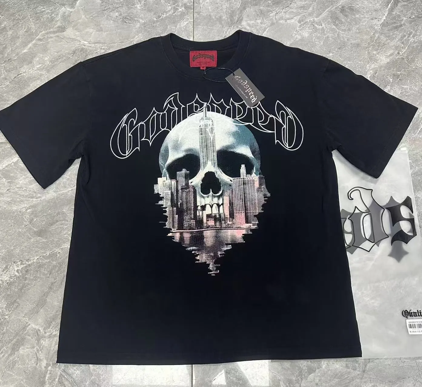6087#washed black I P116 Godspeed cross-border American rock and roll street washed retro style short-sleeved T (craft printing) fabric (fabric): 32 count combed double yarn 250 grams weight code number (size): S-M-L-XL color (colour): washed black 👉 👉