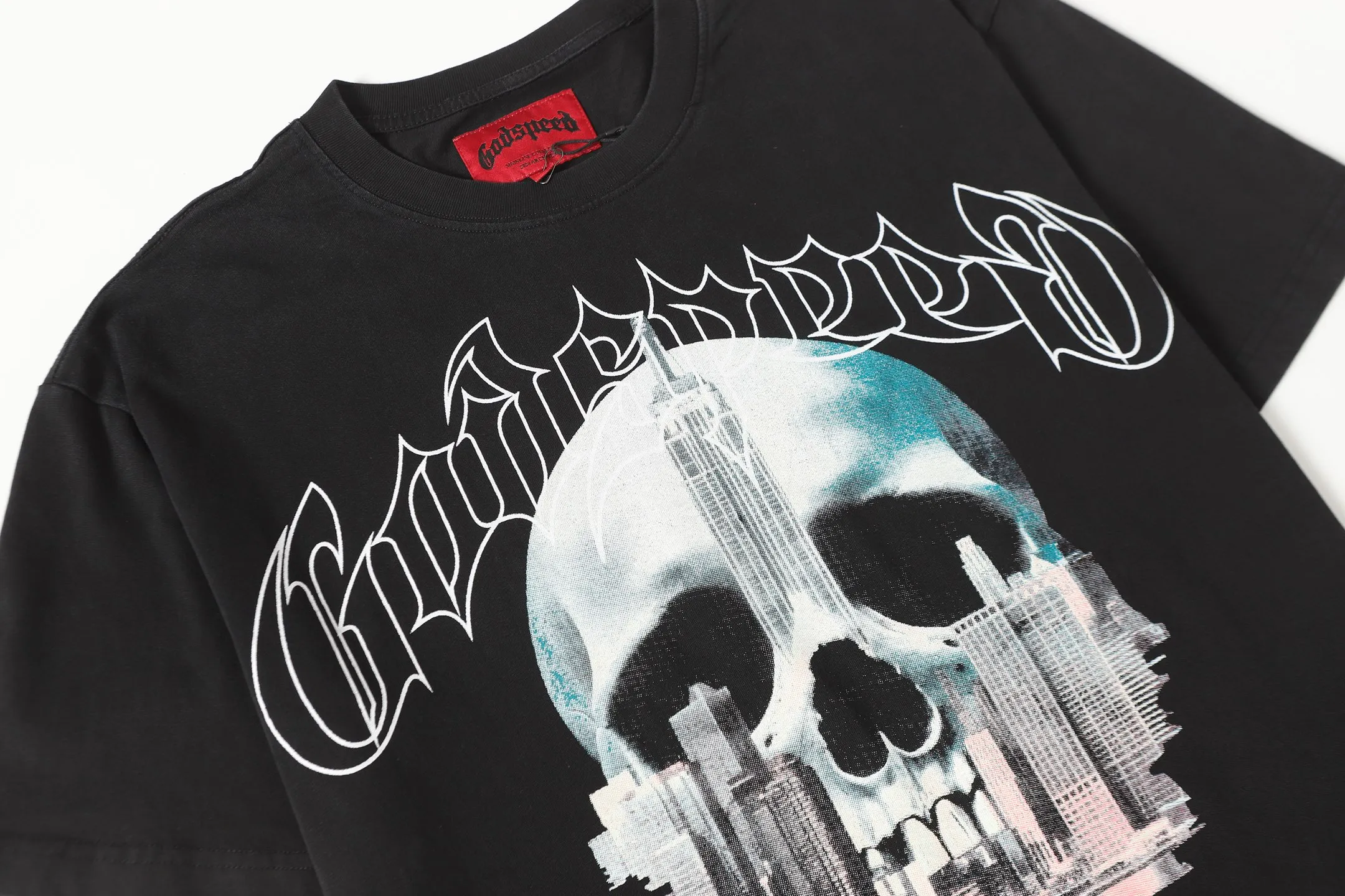 6087#washed black I P116 Godspeed cross-border American rock and roll street washed retro style short-sleeved T (craft printing) fabric (fabric): 32 count combed double yarn 250 grams weight code number (size): S-M-L-XL color (colour): washed black 👉 👉