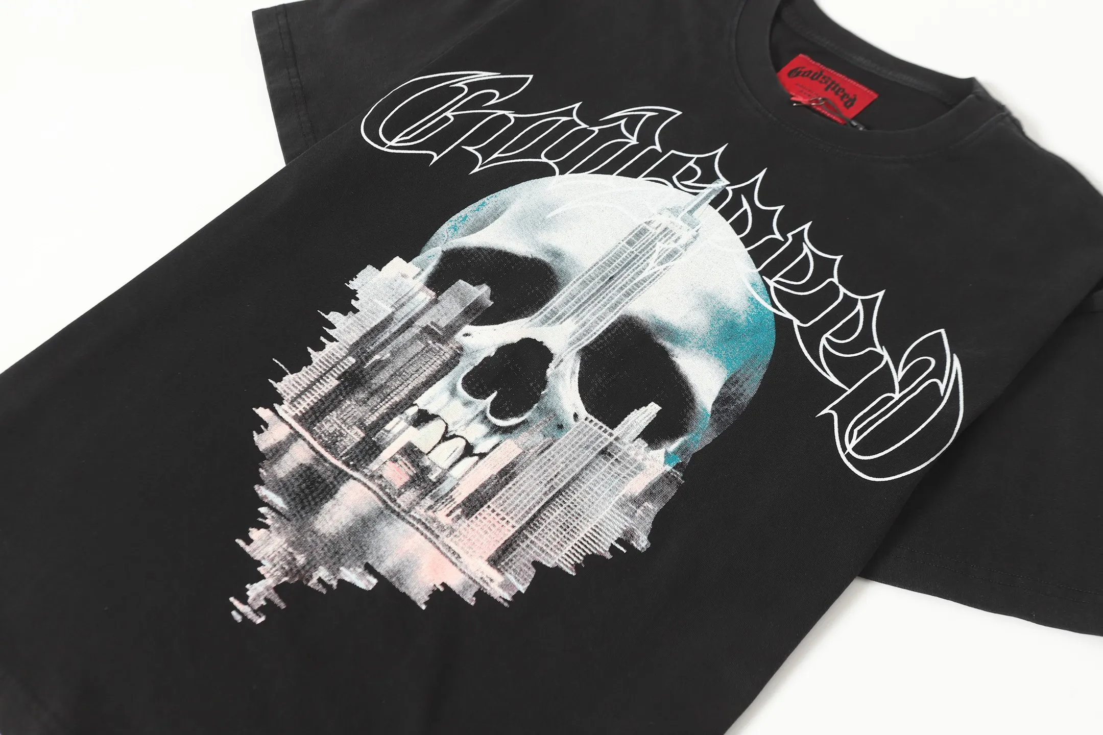 6087#washed black I P116 Godspeed cross-border American rock and roll street washed retro style short-sleeved T (craft printing) fabric (fabric): 32 count combed double yarn 250 grams weight code number (size): S-M-L-XL color (colour): washed black 👉 👉