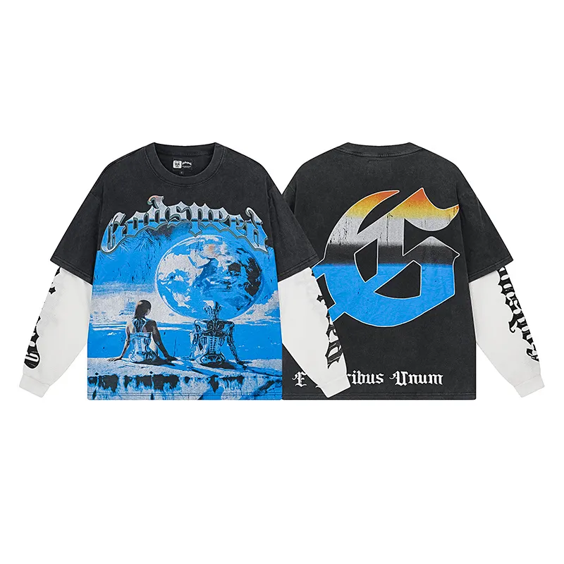 1155# P170 Washed black Real shot Godspeed American fashion street retro washed and distressed fake two-piece pure cotton long T Fabric: 270g 32 count fine cotton double yarn pure cotton Color: Washed black Size: S M L XL