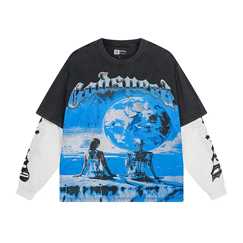 1155# P170 Washed black Real shot Godspeed American fashion street retro washed and distressed fake two-piece pure cotton long T Fabric: 270g 32 count fine cotton double yarn pure cotton Color: Washed black Size: S M L XL