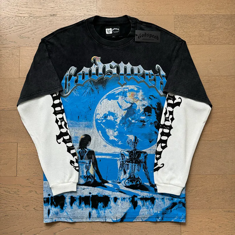 1155# P170 Washed black Real shot Godspeed American fashion street retro washed and distressed fake two-piece pure cotton long T Fabric: 270g 32 count fine cotton double yarn pure cotton Color: Washed black Size: S M L XL