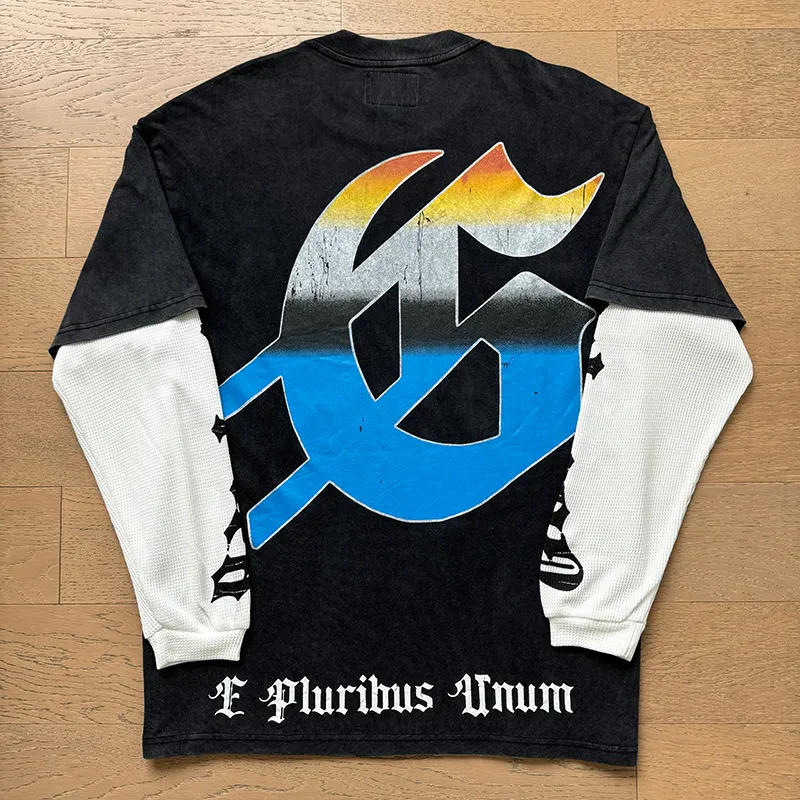 1155# P170 Washed black Real shot Godspeed American fashion street retro washed and distressed fake two-piece pure cotton long T Fabric: 270g 32 count fine cotton double yarn pure cotton Color: Washed black Size: S M L XL