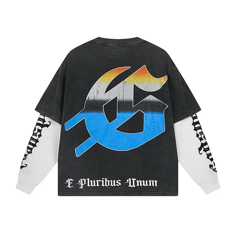 1155# P170 Washed black Real shot Godspeed American fashion street retro washed and distressed fake two-piece pure cotton long T Fabric: 270g 32 count fine cotton double yarn pure cotton Color: Washed black Size: S M L XL